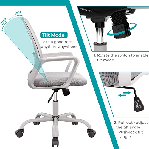 edx Home Computer Wheels Mesh Lumbar Support, Mid Back Ergonomic Office Desk Armrests Adjustable Work Chairs, Grey