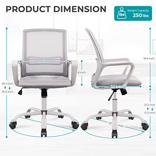 edx Home Computer Wheels Mesh Lumbar Support, Mid Back Ergonomic Office Desk Armrests Adjustable Work Chairs, Grey