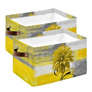 Yellow Dahlia Watercolor Plant Lines Cube Storage Organizer Bins with Handles,15x11x9.5 Inch Collapsible Canvas Cloth Fabric Basket,Abstract Modern Grey Yellow Oil Painting Art Books Toys Boxes