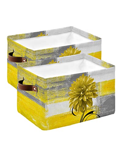 Yellow Dahlia Watercolor Plant Lines Cube Storage Organizer Bins with Handles,15x11x9.5 Inch Collapsible Canvas Cloth Fabric Basket,Abstract Modern Grey Yellow Oil Painting Art Books Toys Boxes