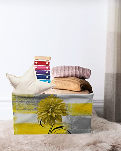 Yellow Dahlia Watercolor Plant Lines Cube Storage Organizer Bins with Handles,15x11x9.5 Inch Collapsible Canvas Cloth Fabric Basket,Abstract Modern Grey Yellow Oil Painting Art Books Toys Boxes