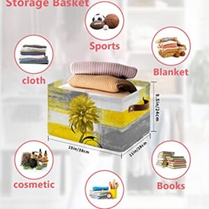 Yellow Dahlia Watercolor Plant Lines Cube Storage Organizer Bins with Handles,15x11x9.5 Inch Collapsible Canvas Cloth Fabric Basket,Abstract Modern Grey Yellow Oil Painting Art Books Toys Boxes