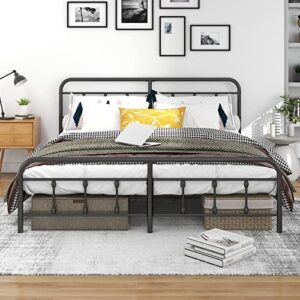 dumee king size bed frame and headboard with footboard, metal bed frame king with storage under bed, no box spring needed, enhanced slats and legs, black