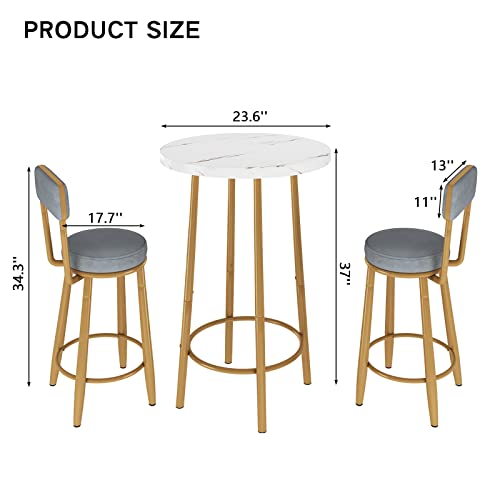 Hooseng Bar Table and Chairs Set, 3-Piece Bistro Pub Dining Table Set, Faux Marble High Top Bar Table and 2 Upholstered Stools w/Backrest, Space Saving Kitchen Table Set for Home to Restaurant, Grey