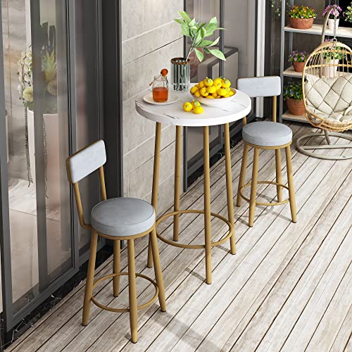 Hooseng Bar Table and Chairs Set, 3-Piece Bistro Pub Dining Table Set, Faux Marble High Top Bar Table and 2 Upholstered Stools w/Backrest, Space Saving Kitchen Table Set for Home to Restaurant, Grey