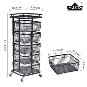 EZPEAKS 6-Tier Black Steel Kitchen Storage Tower Rounded Square Basket Shelves Organizer on Rolling Wheels with Detachable Drawers for Fruit Vegetable Grocery Spice (34.18” H, 13.39” W, 13.39” L)