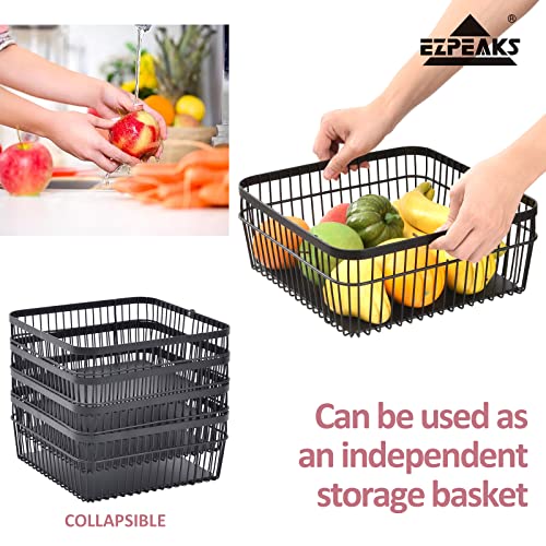 EZPEAKS 6-Tier Black Steel Kitchen Storage Tower Rounded Square Basket Shelves Organizer on Rolling Wheels with Detachable Drawers for Fruit Vegetable Grocery Spice (34.18” H, 13.39” W, 13.39” L)