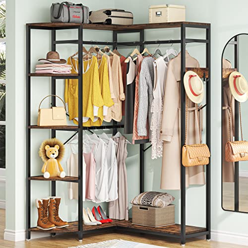 Tribesigns L-Shape Clothes Rack. Freestanding Clothing rack with Shelves & Side Hook, Heavy Duty Garment Rack Corner Wardrobe Closet Rack for Hanging Clothing, Rustic Brown