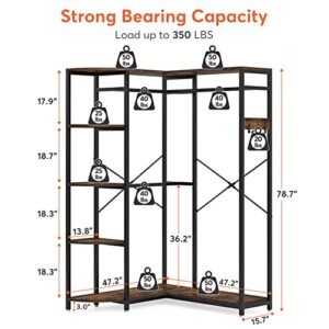 Tribesigns L-Shape Clothes Rack. Freestanding Clothing rack with Shelves & Side Hook, Heavy Duty Garment Rack Corner Wardrobe Closet Rack for Hanging Clothing, Rustic Brown