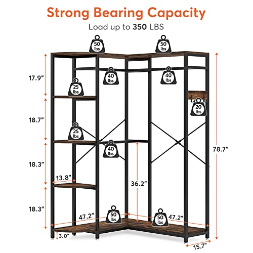 Tribesigns L-Shape Clothes Rack. Freestanding Clothing rack with Shelves & Side Hook, Heavy Duty Garment Rack Corner Wardrobe Closet Rack for Hanging Clothing, Rustic Brown