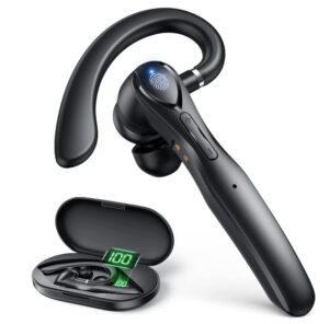 piffa bluetooth headset v5.3 wireless earpiece with 400mah battery display charging case 66hrs talk time for cellphone laptop, hands-free trucker earphones built-in mic for driver/business