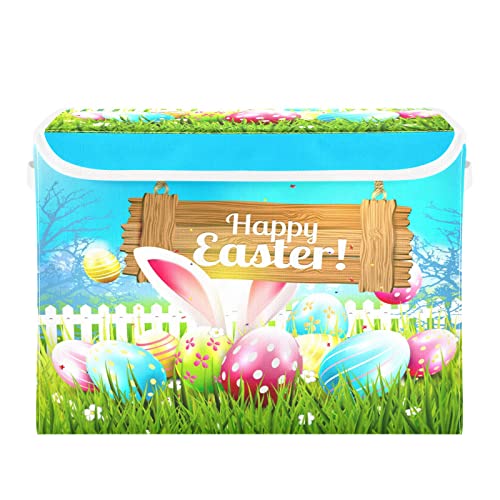 senya Easter Storage Baskets Collapsible Storage Bins with Lids, Happy Easter Eggs Bunny Storage Boxes Clothes Baskets for Organizing