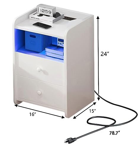 Roozmausy Nightstand with LED Lights and Charging Station,White nightstand,Bedside Table with Drawer,Bedside Cupboard,Bedside Cabinets,Small Spaces Side End Table (White-2Drawer)