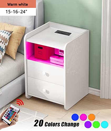 Roozmausy Nightstand with LED Lights and Charging Station,White nightstand,Bedside Table with Drawer,Bedside Cupboard,Bedside Cabinets,Small Spaces Side End Table (White-2Drawer)