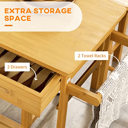 HOMCOM Foldable Dining Table Set with 2 Square Stools and 2 Drawers, Bamboo Drop Leaf Breakfast Cart, Mobile Kitchen Island Trolley Cart on Wheels, Brown