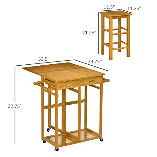 HOMCOM Foldable Dining Table Set with 2 Square Stools and 2 Drawers, Bamboo Drop Leaf Breakfast Cart, Mobile Kitchen Island Trolley Cart on Wheels, Brown