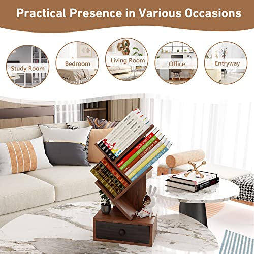 Giantex 5-Tier Tree Bookshelf with Drawer - Freestanding Retro Small Book Storage Rack for Small Place, Kids Room Wooden Decorative Bookcase with Storage for CDs, Magazines, Books, Brown