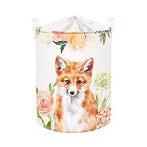 Clastyle 45L Fox Pink Flowers Laundry Basket with Handle Spring Garden Blossom Floral Laundry Hamper with Drawstring Cute Animal Round Toy Clothes Storage Basket for Bedroom, 14.2x17.7 in