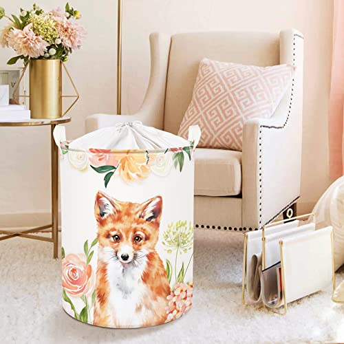 Clastyle 45L Fox Pink Flowers Laundry Basket with Handle Spring Garden Blossom Floral Laundry Hamper with Drawstring Cute Animal Round Toy Clothes Storage Basket for Bedroom, 14.2x17.7 in