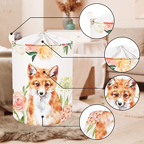 Clastyle 45L Fox Pink Flowers Laundry Basket with Handle Spring Garden Blossom Floral Laundry Hamper with Drawstring Cute Animal Round Toy Clothes Storage Basket for Bedroom, 14.2x17.7 in