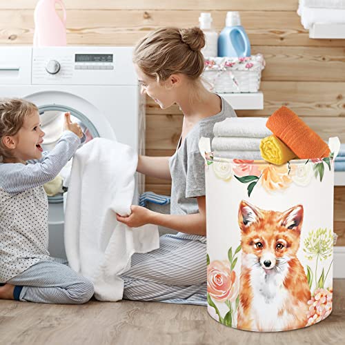 Clastyle 45L Fox Pink Flowers Laundry Basket with Handle Spring Garden Blossom Floral Laundry Hamper with Drawstring Cute Animal Round Toy Clothes Storage Basket for Bedroom, 14.2x17.7 in