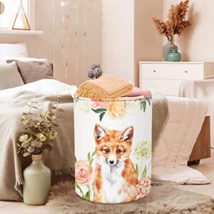 Clastyle 45L Fox Pink Flowers Laundry Basket with Handle Spring Garden Blossom Floral Laundry Hamper with Drawstring Cute Animal Round Toy Clothes Storage Basket for Bedroom, 14.2x17.7 in
