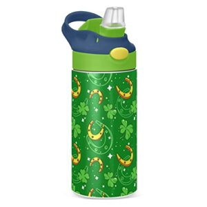 xigua saint patrick's day kids water bottle double walled stainless steel with plastic straw wide handle bpa-free leakproof duck mouth for toddlers,girls,boys,12 oz