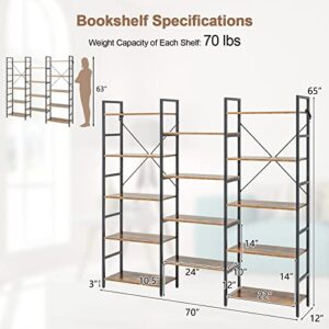 Giantex Triple 5-Tier Industrial Bookshelf- Freestanding Metal Frame Ladder Bookcase with 14 Open Shelves, Wooden Large Display Open Shelving for Living Room Home Office Study, Rustic Brown