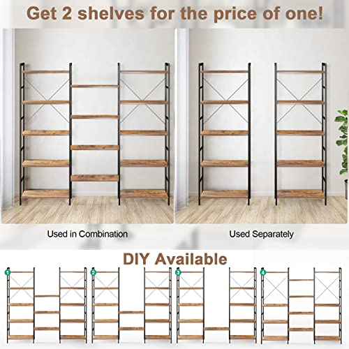 Giantex Triple 5-Tier Industrial Bookshelf- Freestanding Metal Frame Ladder Bookcase with 14 Open Shelves, Wooden Large Display Open Shelving for Living Room Home Office Study, Rustic Brown