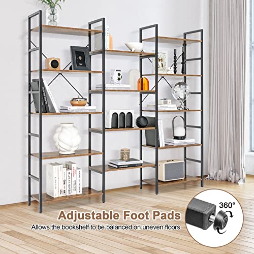 Giantex Triple 5-Tier Industrial Bookshelf- Freestanding Metal Frame Ladder Bookcase with 14 Open Shelves, Wooden Large Display Open Shelving for Living Room Home Office Study, Rustic Brown