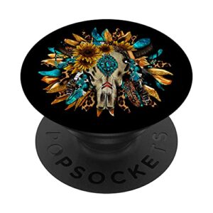 western boho sunflowers turquoise cow bull skull fun popsockets swappable popgrip