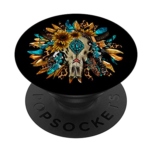 Western Boho Sunflowers Turquoise Cow Bull Skull Fun PopSockets Swappable PopGrip