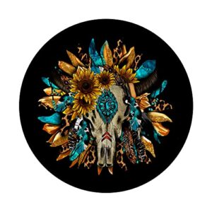 Western Boho Sunflowers Turquoise Cow Bull Skull Fun PopSockets Swappable PopGrip