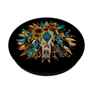 Western Boho Sunflowers Turquoise Cow Bull Skull Fun PopSockets Swappable PopGrip