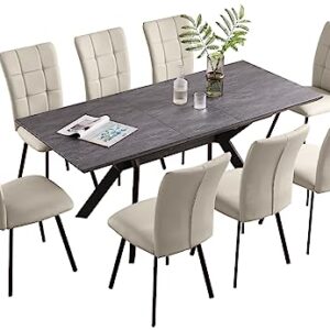 ZckyCine Dining Room Table Set 6-8 Person Kitchen Table and Chairs Modern Extendable Dining Table with 8 Leather Upholstered Dining Chairs (1 Table + 8 Beige Chairs)