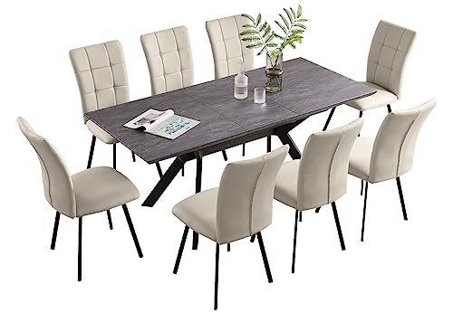 ZckyCine Dining Room Table Set 6-8 Person Kitchen Table and Chairs Modern Extendable Dining Table with 8 Leather Upholstered Dining Chairs (1 Table + 8 Beige Chairs)