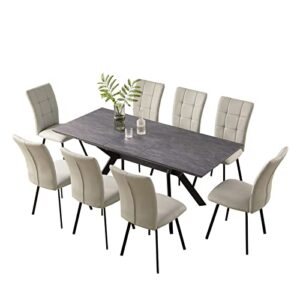 ZckyCine Dining Room Table Set 6-8 Person Kitchen Table and Chairs Modern Extendable Dining Table with 8 Leather Upholstered Dining Chairs (1 Table + 8 Beige Chairs)