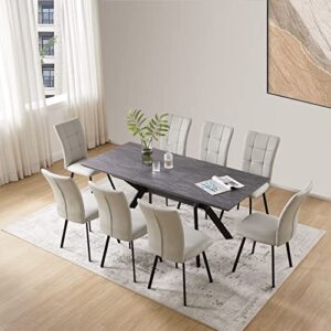 ZckyCine Dining Room Table Set 6-8 Person Kitchen Table and Chairs Modern Extendable Dining Table with 8 Leather Upholstered Dining Chairs (1 Table + 8 Beige Chairs)