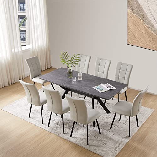 ZckyCine Dining Room Table Set 6-8 Person Kitchen Table and Chairs Modern Extendable Dining Table with 8 Leather Upholstered Dining Chairs (1 Table + 8 Beige Chairs)