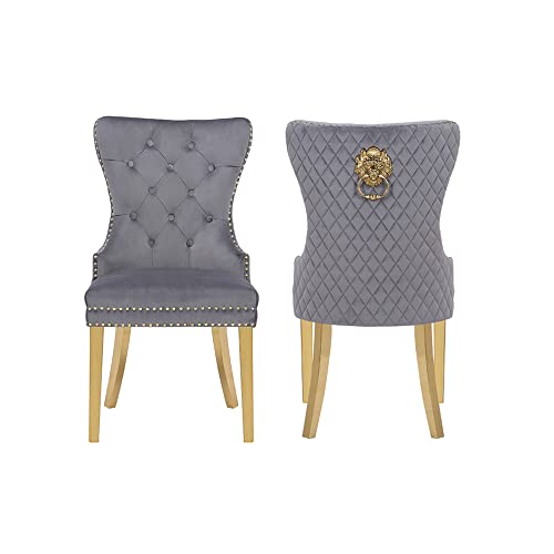 Velvet Upholstered Dining Chairs Set of 2, Modern Dining Room Tufted Chairs, Armless Accent Chair with Wing Back, Back Pull Ring, Nailhead Trim and Gold Legs for Dining Room and Kitchen, Dark Gray