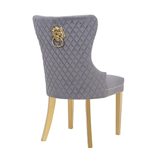 Velvet Upholstered Dining Chairs Set of 2, Modern Dining Room Tufted Chairs, Armless Accent Chair with Wing Back, Back Pull Ring, Nailhead Trim and Gold Legs for Dining Room and Kitchen, Dark Gray