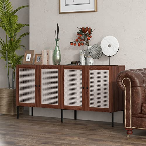 Giantex 2 Pcs Sideboard with Storage, Kitchen Buffet with 2 Rattan Doors, Liquor Cabinet, Wood Cupboard, Accent Furniture for Dining Room, Console Table for Entryway 31.5”Lx 16”Wx 31.5”H (Walnut)