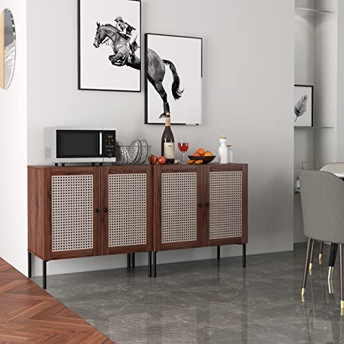 Giantex 2 Pcs Sideboard with Storage, Kitchen Buffet with 2 Rattan Doors, Liquor Cabinet, Wood Cupboard, Accent Furniture for Dining Room, Console Table for Entryway 31.5”Lx 16”Wx 31.5”H (Walnut)