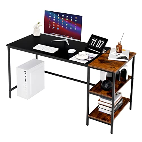 CHEFJOY 55” Computer Desk w/Storage Shelf, Industrial Home Office Desk, PC Laptop Desk w/Heavy-Duty Steel Frame, Simple Style Wood Writing Desk for Bedroom, Study