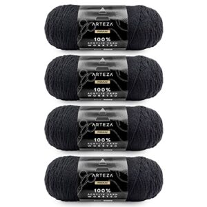 arteza acrylic yarn for crocheting, 4 x 200-g skeins of worsted yarn for knitting, black a008, machine washable, knitting & crochet supplies – use with knitting needles and crochet hooks