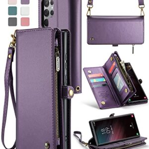 ASAPDOS Samsung Galaxy S23 Ultra Case Wallet,Retro Suede PU Leather Strap Wristlet Flip Case with Magnetic Closure,[RFID Blocking] Card Holder and Kickstand for Men Women Purple