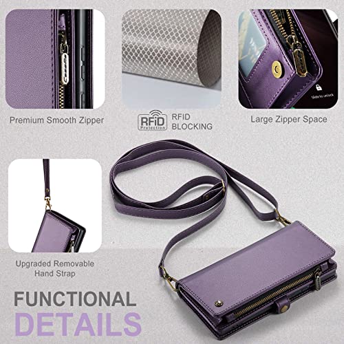 ASAPDOS Samsung Galaxy S23 Ultra Case Wallet,Retro Suede PU Leather Strap Wristlet Flip Case with Magnetic Closure,[RFID Blocking] Card Holder and Kickstand for Men Women Purple