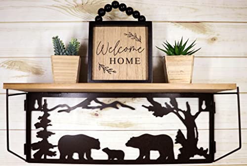 Ebros Gift Forest Woodlands Rustic Black Bear Family Metal Cutout Art Wall Hanging Floating Wood Shelf 20" Wide Rustic Bears Decorative Cabin Lodge Country Mountain Western Homes