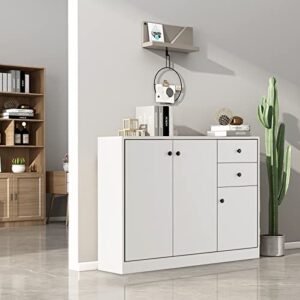 Giantex Buffet Cabinet with Storage - Kitchen Sideboard with 2 Drawers, 3-Door Large & Small Cabinet, Adjustable Shelves, White Pantry Cupboard for Dining Room, Console Table for Entryway