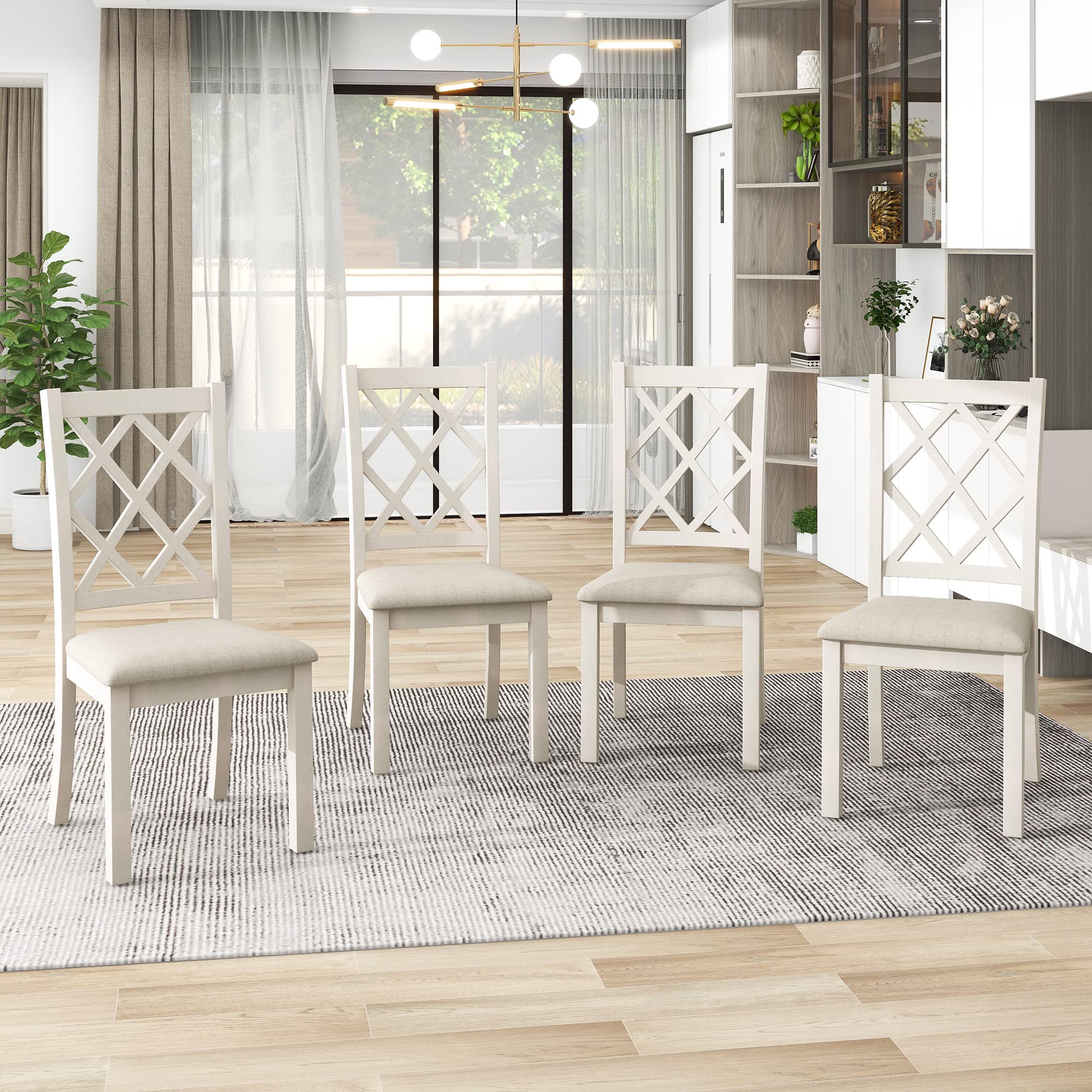 Wood Dining Chair Set of 4, Farmhouse Dining Chairs with Padded Seat and Solid Wood Legs, Mid-Century Dining Chairs for Kitchen, Bedroom, Dining Room (Beige)